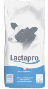 Sac d’aliment d’allaitement Lactapro – visuel du packaging destiné aux jeunes animaux, mettant en avant la marque Lactapro et l'espèce veaux